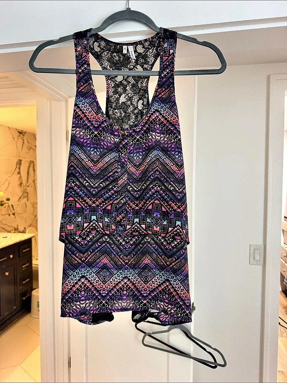 Studio Y Geometric Lace Mini Dress in Black & Purple Size Small